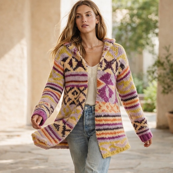Free People Peggy Cardigan Sunshine Orchid Combo Hooded Boho Sweater S - Picture 2 of 11